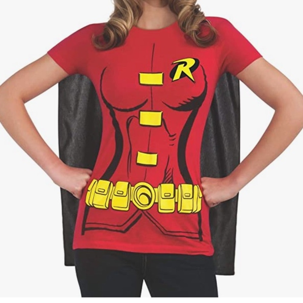 Women’s DC Comics Robin superhero costume t-shirt with detachable cape, size XL